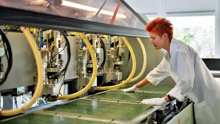 Eine Mitarbeiterin bei PCB belädt eine Maschine mit Leiterplatten