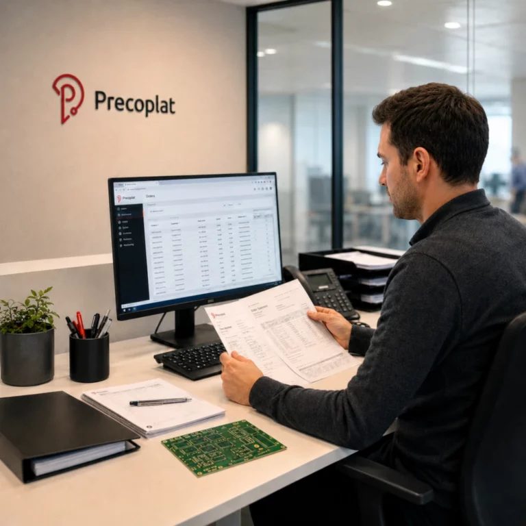 Mitarbeiter im Backoffice pr&uuml;ft Auftragsunterlagen f&uuml;r die Leiterplattenfertigung bei Precoplat in Krefeld